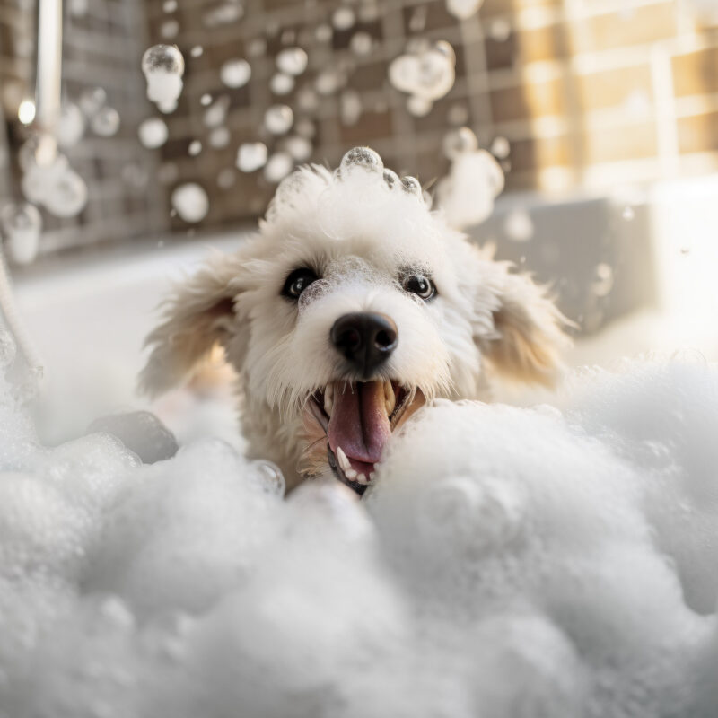 Small dog being washed in bath tube full of foam.